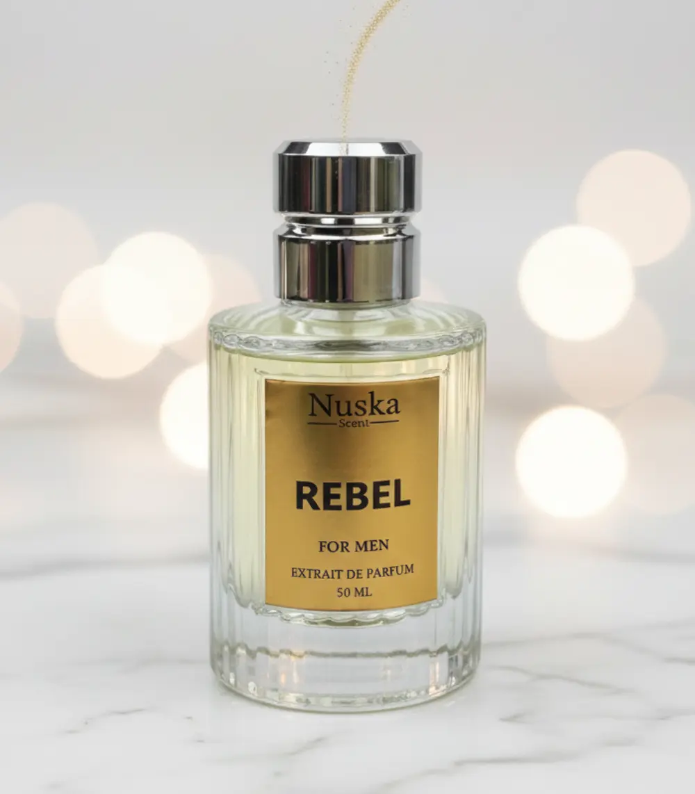 Rebel men’s perfume by Nuska Scent – long-lasting sweet and spicy fragrance with vanilla, pear, and amber notes for confident men in Pakistan